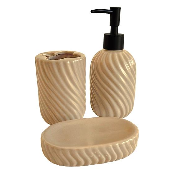 Imagem de Kit Acessórios Para Banheiro 3 Peças Cerâmica Texturizado Saboneteira Porta Escova