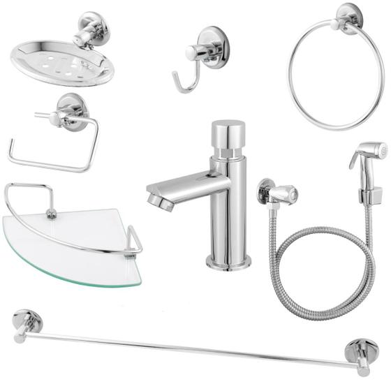 Imagem de Kit Acessórios para Banheiro com Torneira Automática, Ducha Higiênica e Porta Shampoo Canto