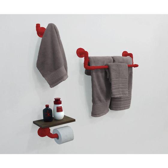 Imagem de Kit Acessórios para Banheiro Conjunto 3 peças Porta Toalhas Papel Cabideiro - Vermelho Laca