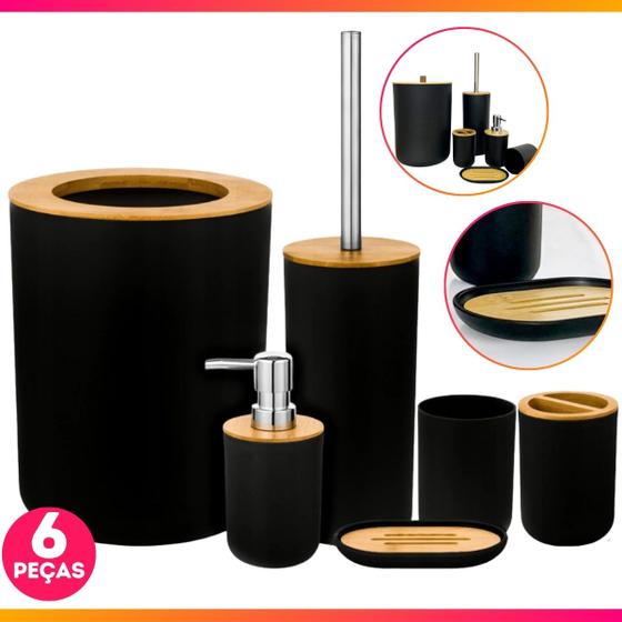 Imagem de Kit Acessórios Para Banheiro Conjunto De 6 Peças Para Lavabo Completo Moderno Em Bambu E Plástico