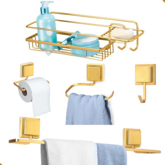 Imagem de Kit Acessorios Para Banheiro Dourado Ótimo Acabamento Luxo Toalheiro De Rosto Porta Shampoo