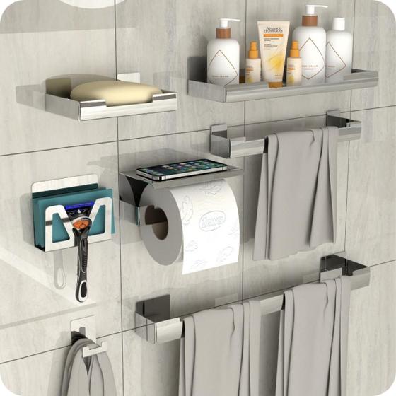Kit Acessórios Para Banheiro Inox Com Adesivo 7 Peças ELG Menor preço em Kit Acessórios Para Banheiro Inox Com Adesivo 7 Peças ELG