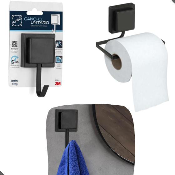 Imagem de Kit Acessórios Para Banheiro Pia Box De Parede Preto Fosco Lavabo 2 Peças Luxo 3m Gancho Toalheiro De Banho