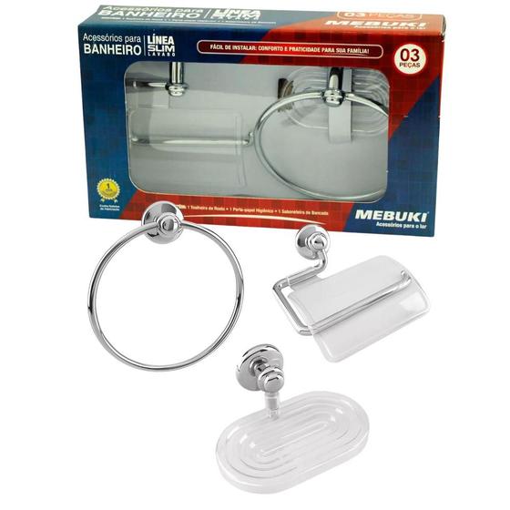Imagem de Kit Acessórios Para Banheiro Porta-Papel Higiênico Saboneteira Toalheiro 3 Peças Línea Slim Lavabo Em ABS Design Várias Cores Moderno