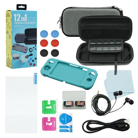 Imagem de Kit Acessórios Para Nintendo Switch Lite 12 em 1 Case Capa Película Fone Caps Cabo Usb