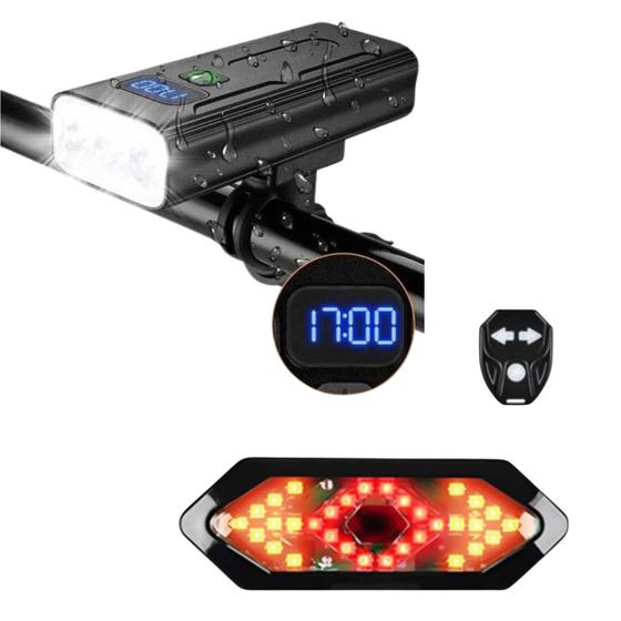 Imagem de Kit Acessórios Sinalizador Traseiro de Bike Com Seta + Lanterna Frontal Led T6 Recarregável