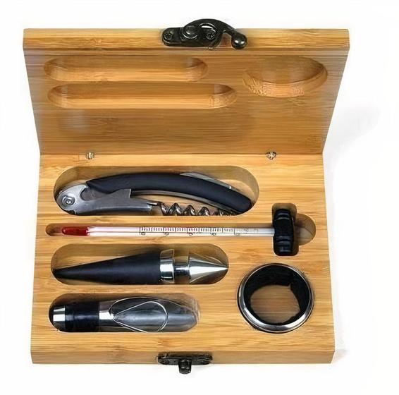 Kit Acessórios Vinho 6 Peças Com Saca Rolha E Termômetro Estojo Em Bambu Presente Pai Marido Menor preço em Kit Acessórios Vinho 6 Peças Com Saca Rolha E Termômetro Estojo Em Bambu Presente Pai Marido