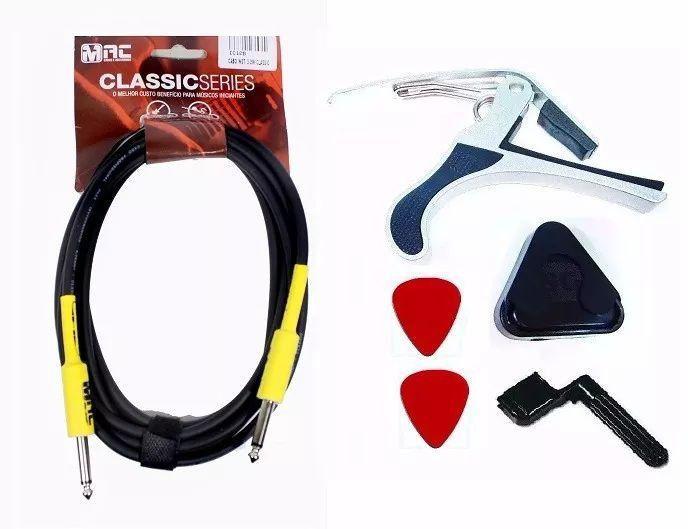 Kit Acessórios Violão Encordoador Capotraste Palhetas Cabo Menor preço em Kit Acessórios Violão Encordoador Capotraste Palhetas Cabo