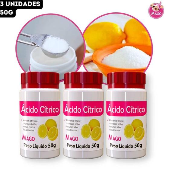 Kit Ácido Cítrico Alimentício em Pó Acidulante Antioxidante Mago - 50g ...
