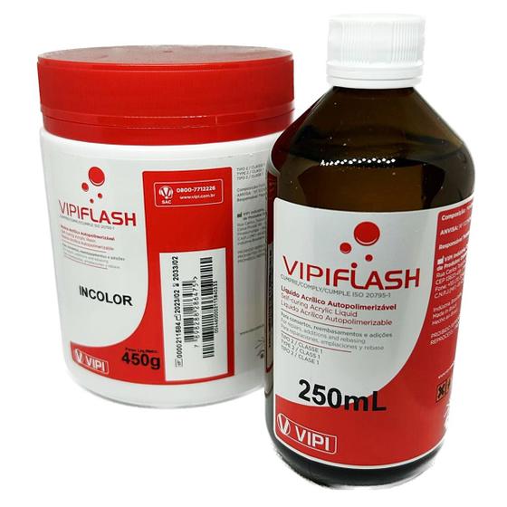 Imagem de Kit Acrílico Pó 450g + Líquido 250ml Incolor Vipi Flash Dentsply Auto Reparos Gerais Odonto Prótese