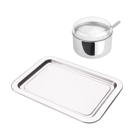 Imagem de Kit Açucareiro Inox Com Tampa E Bandeja Pop Inox Retangular