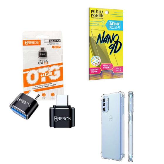 Imagem de Kit Adaptador USB para Tipo C + Capinha Motorola G52 + Película 9D