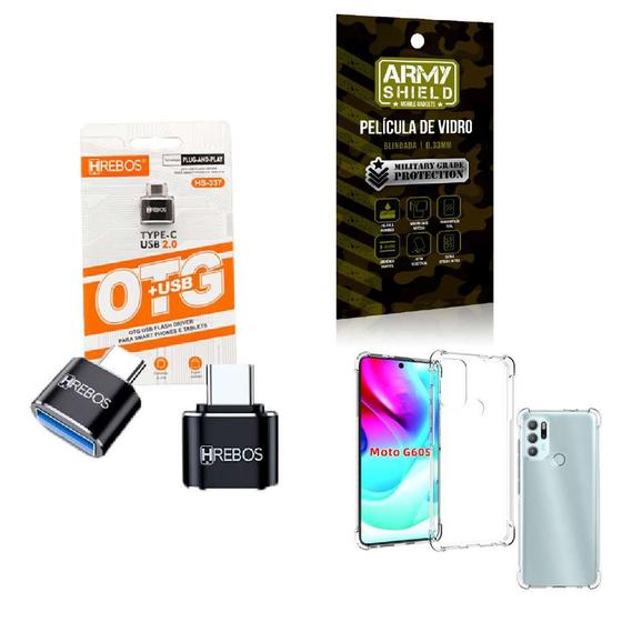 Imagem de Kit Adaptador USB para Tipo C + Capinha Motorola G60 S + Película 3D