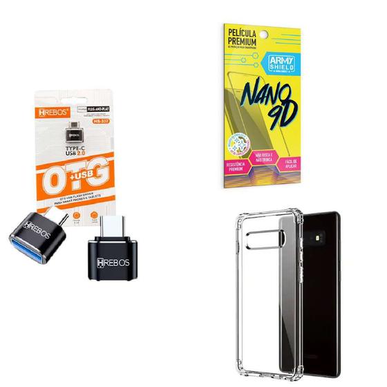 Imagem de Kit Adaptador USB para Tipo C + Capinha Samsung S10 + Película 9D