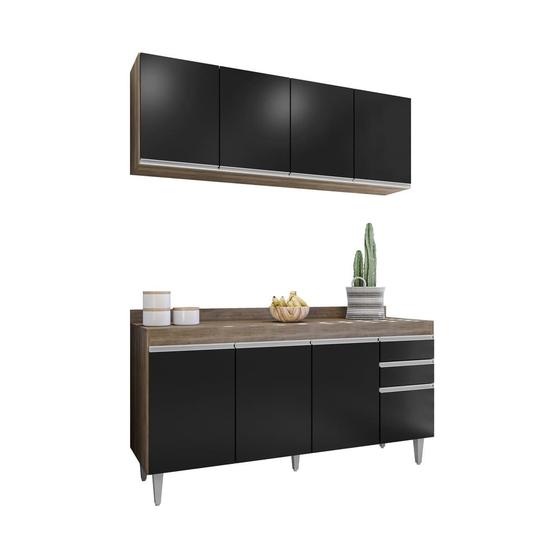 Imagem de Kit Aéreo Lavinia e Balcão Lorena 160cm C/ Tampo Freijó com Preto - Belliv Decor