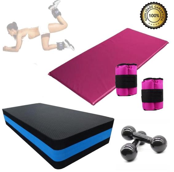 Imagem de Kit Aeróbico Caneleira Rosa +Step+Halter 2Kg+Colchonete Rosa