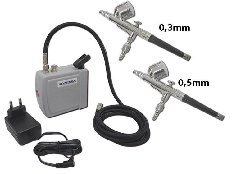 Imagem de Kit Aerografia Mini Compressor C/ 2 Aerógrafos Copo Fixo 0,3 / 0,5mm Onetools