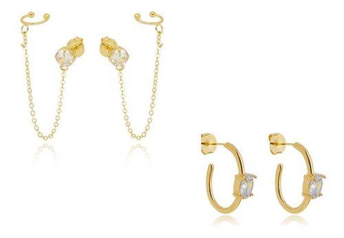 Imagem de Kit Agatha - Brinco Ear Line + Argola Ponto De Luz Com Fake Piercing Banhado em Ouro 18k