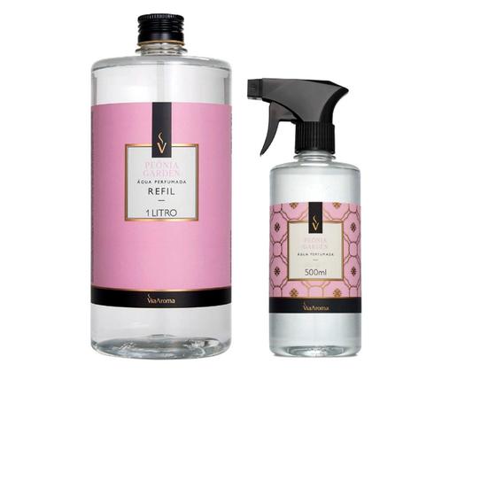 Imagem de Kit Agua Spray 500ml + Refil 1 Litro Peonia Garden Via Aroma Para Casa Lojas de Roupas Tecidos Cama