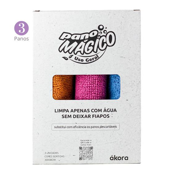 Imagem de Kit Akora Pano Mágico Flanela Microfibra de Limpeza Uso Geral 3 Unidades Cores Sortidas 30x30 cm