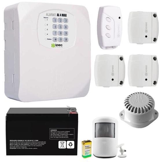 Imagem de Kit Alarme Residencial Comercial AL4 MAX 4 Sensores Sem Fio Bateria 12v 7AH Sirene Controle IPEC