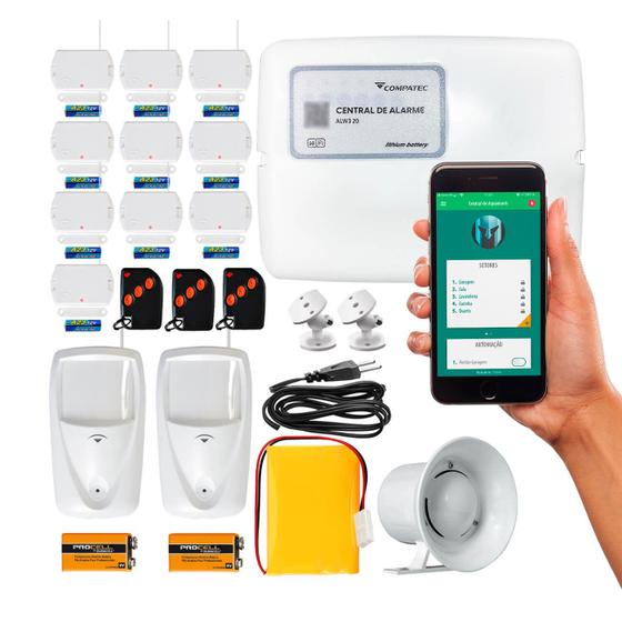 Imagem de Kit Alarme Residencial Wifi Compatec Aplicativo iOS Android 12 Sensores Sem Fio
