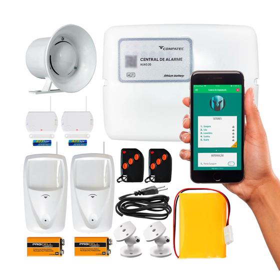 Imagem de Kit Alarme Residencial Wifi Compatec App iOS Android 4 Sensores Sem Fio