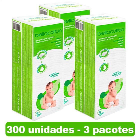 Imagem de Kit Algodão Bellacotton Quadrado para Bebê 300 unidades - 3 pacotes c/ 100