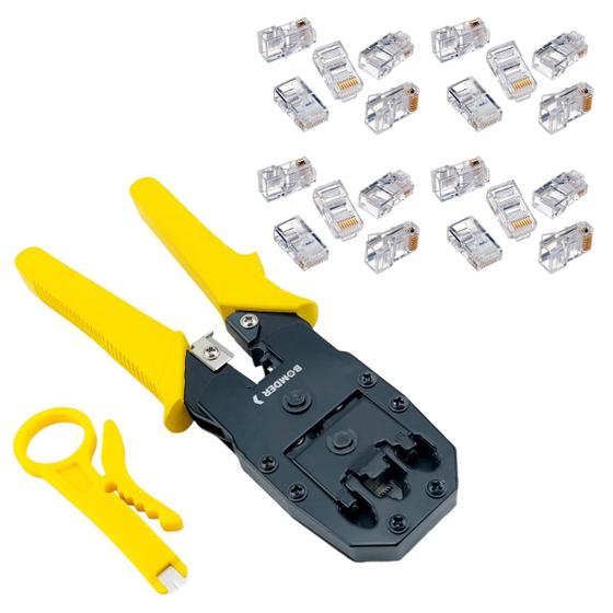 Kit Alicate de Crimpar com 20 Conectores RJ45 Decapador Cortador de Cabos - Crimpador RJ11 RJ12 RJ45 Menor preço em Kit Alicate de Crimpar com 20 Conectores RJ45 Decapador Cortador de Cabos - Crimpador RJ11 RJ12 RJ45