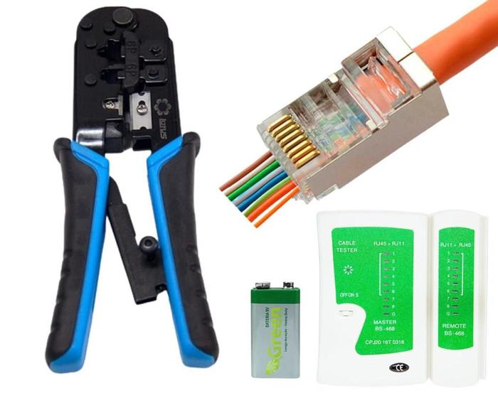 Imagem de Kit Alicate de Crimpar RJ45/RJ11/RJ12 + Conectores RJ45 CAT5E Blindado+ Testador de Cabo RJ45/RJ11/RJ12 + Bateria 9V: Solução Completa para Redes de C