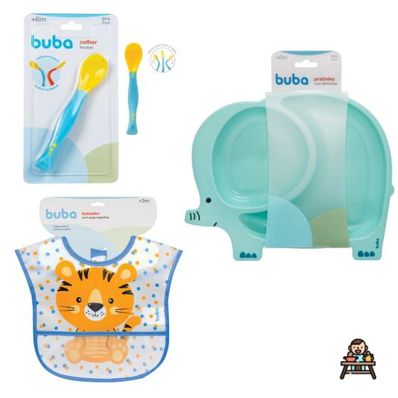 Imagem de Kit alimentacao 3 peças bebe Buba introdução alimentar prato divisória colher babador impermeável