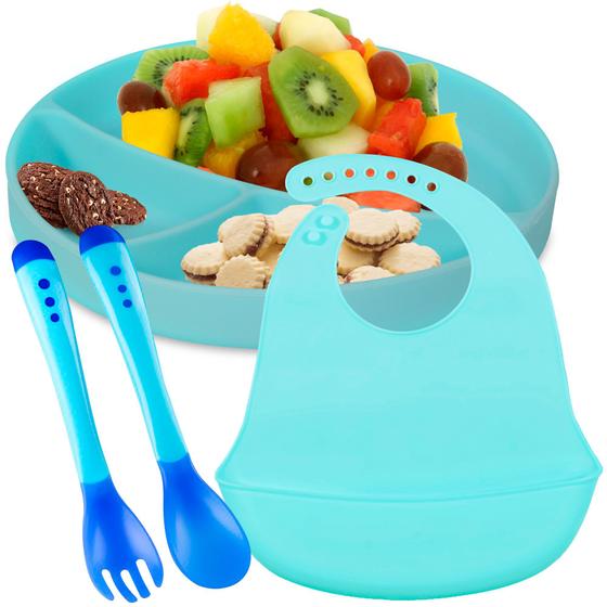 Imagem de Kit alimentação Bebê infantil Prato De Silicone 3 Divisória Com Ventosa e Babador Pega Migalhas