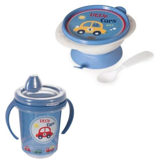 Imagem de kit alimentação bebe Pratinho e Copo Infantil Com ventosa Menino Com Tampa E Colher