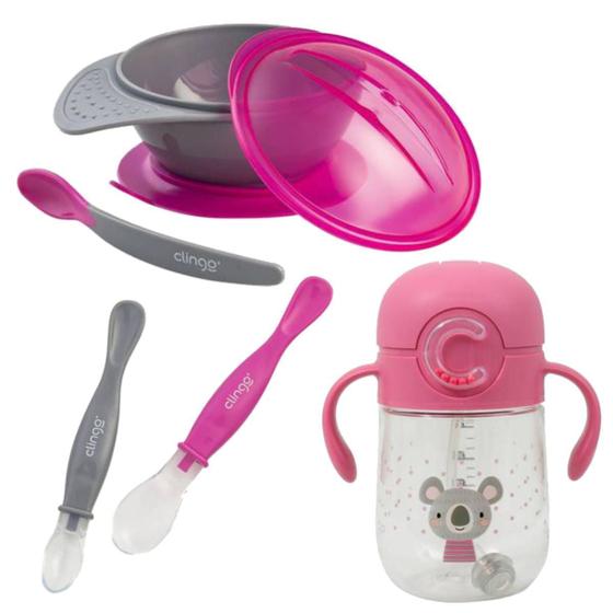 Imagem de Kit Alimentação Bebê Pratinho Rosa Com Ventosa + 2 Colheres Ponta Silicone + Copo 300ml - Original Clingo Presente