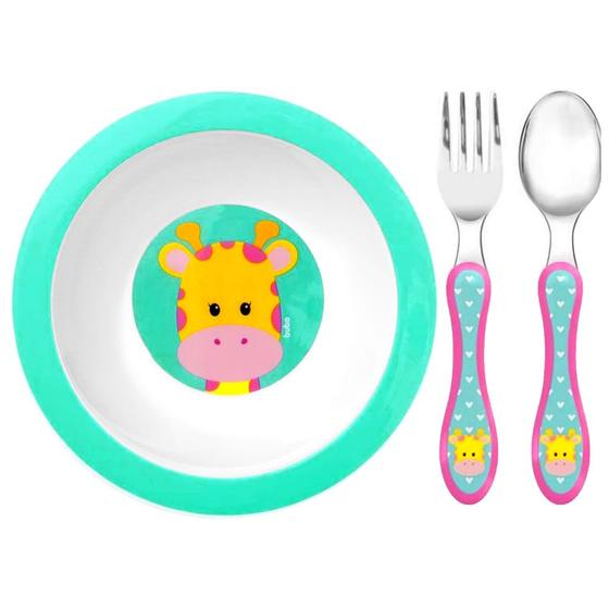 Imagem de Kit Alimentação Girafa Prato Bowl e Talheres para Bebês Buba