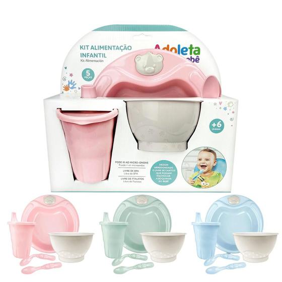 Imagem de Kit Alimentação Infantil 5 Peças Caixa Presente Prato, Tigela, Copo e Colheres - Adoleta Bebê
