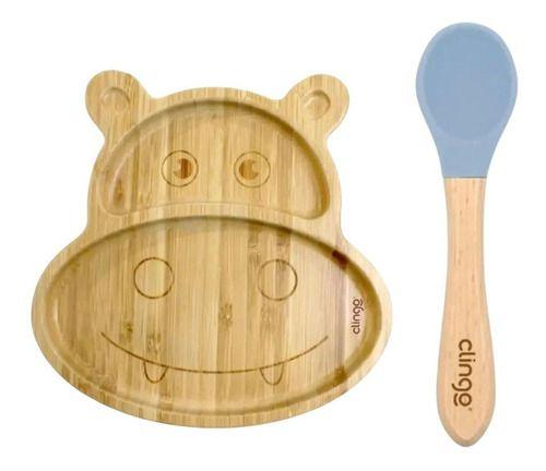 Imagem de Kit Alimentação Infantil  Prato Bambu Com Ventosa e Colher Silicone Clingo