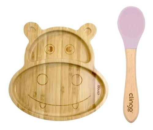 Imagem de Kit Alimentação Infantil  Prato Bambu Com Ventosa e Colher Silicone Clingo