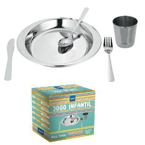 Kit alimentação Prato Talher e Copo Infantil Inox 5 Peças Menor preço em Kit alimentação Prato Talher e Copo Infantil Inox 5 Peças