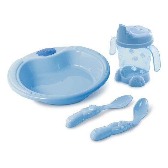 Imagem de Kit Alimentação: Prato Urso, Porta-Suco e Colheres Azul Adoleta