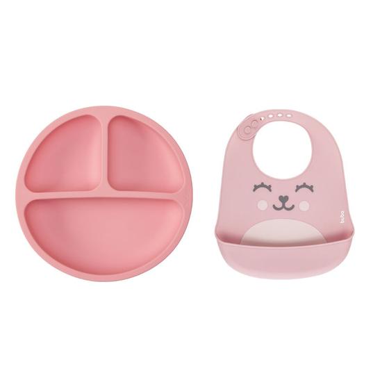 Imagem de Kit Alimentação Silicone Buba 2pçs Babador Gumy e Pratinho Bebe Introdução Rosa