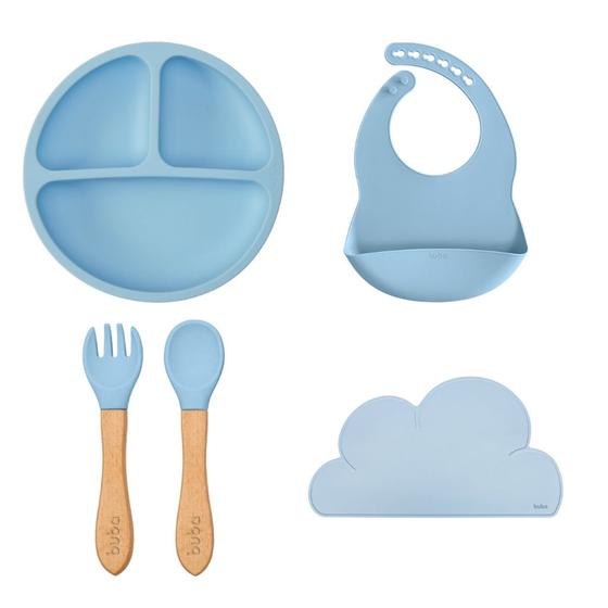 Imagem de Kit Alimentação Silicone Buba 4pçs Babador Pratinho Talher Bambu Jogo Americano Bebe Introdução Azul