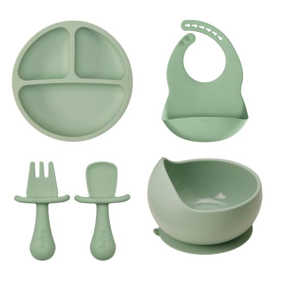 Imagem de Kit Alimentação Silicone Buba 4pçs Babador Pratinho Talher Em Silicone Bowl Bebe Introdução Verde