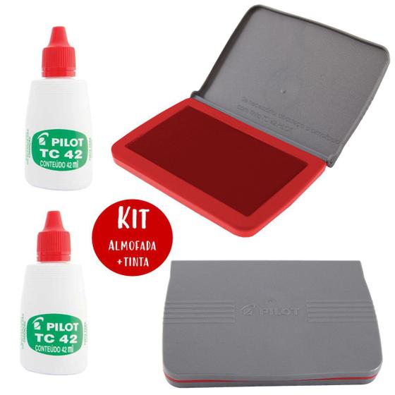 Imagem de Kit Almofada para Carimbo Vermelho Plástica N3 Pilot + 2 Frascos Tinta TC 42ml Vermelho Ideal Escritório Loja Expedição