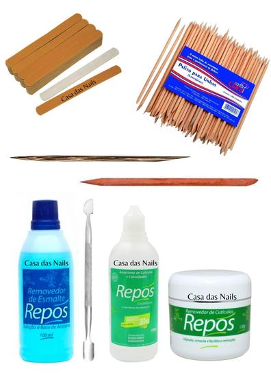 Imagem de Kit Amaciante + Creme Removedor + Lixa Parda + Espátula para Cutícula + Palito Laranjeira + Paraju + Indiano + Acetona