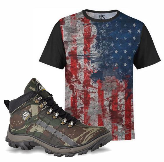 Kit America Camiseta USA e Tênis Masculino Camuflado Verde Menor preço em Kit America Camiseta USA e Tênis Masculino Camuflado Verde