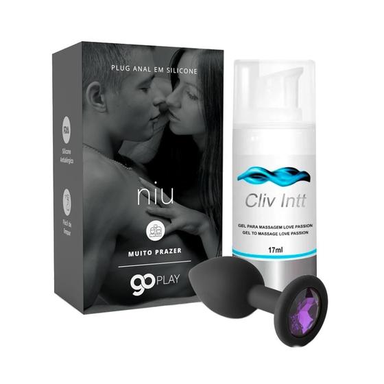 Imagem de Kit Anal Plug Silicone e Joia Preto Niu e Gel Lubrificante Dessensibilizante Cliv Intt