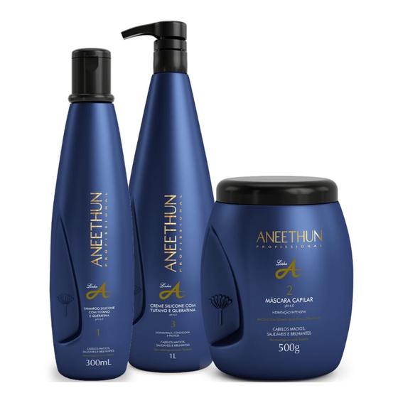 Imagem de Kit Aneethun Linha A Shampoo 300ml, Creme de Silicone 1L, Máscara Capilar 500g