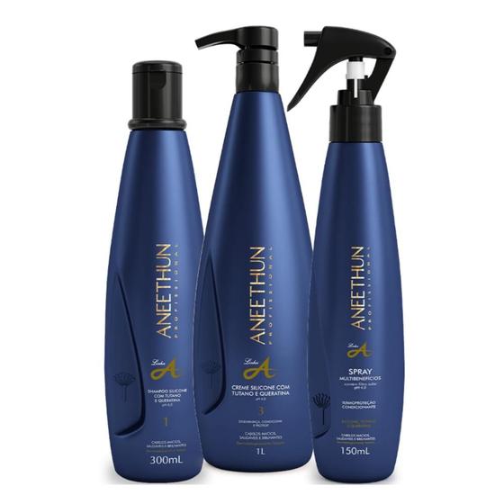 Imagem de Kit Aneethun Linha A Shampoo 300ml, Creme de Silicone 1L, Spray Multibenefícios 150ml