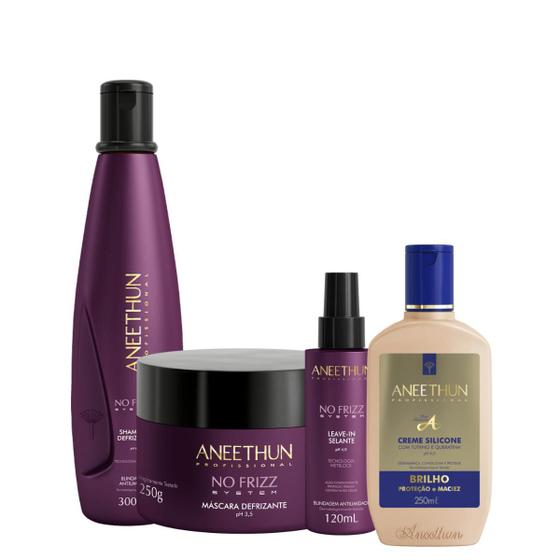 Imagem de Kit Aneethun No Frizz System Shampoo + máscara + leave in + Creme de Silicone